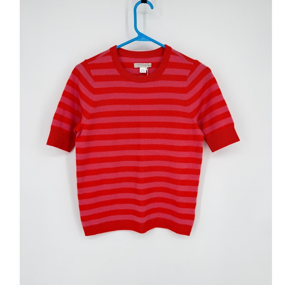 NEW Outerknown Red Pink Stripe 100% Cashmere Short Sleeve Sweater XS 2450002 - Picture 2 of 15